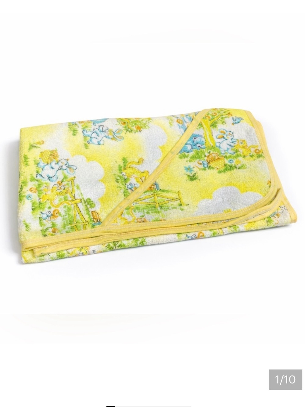 vintage 80’s O/S hooded baby towel yellow floral animals kitsch